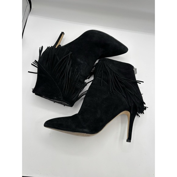 Saks Fifth Avenue Black Suede Fringe High Heel Booties Zip Western 8.5 Point Toe - Picture 5 of 8